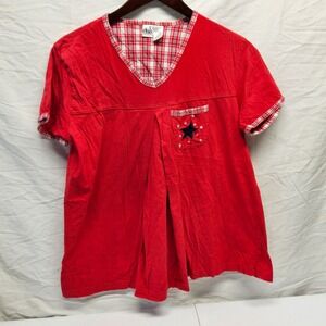Duo Maternity Nursing T-Shirt Women‎ Large Red Star Plaid Trim Cotton V-Neck